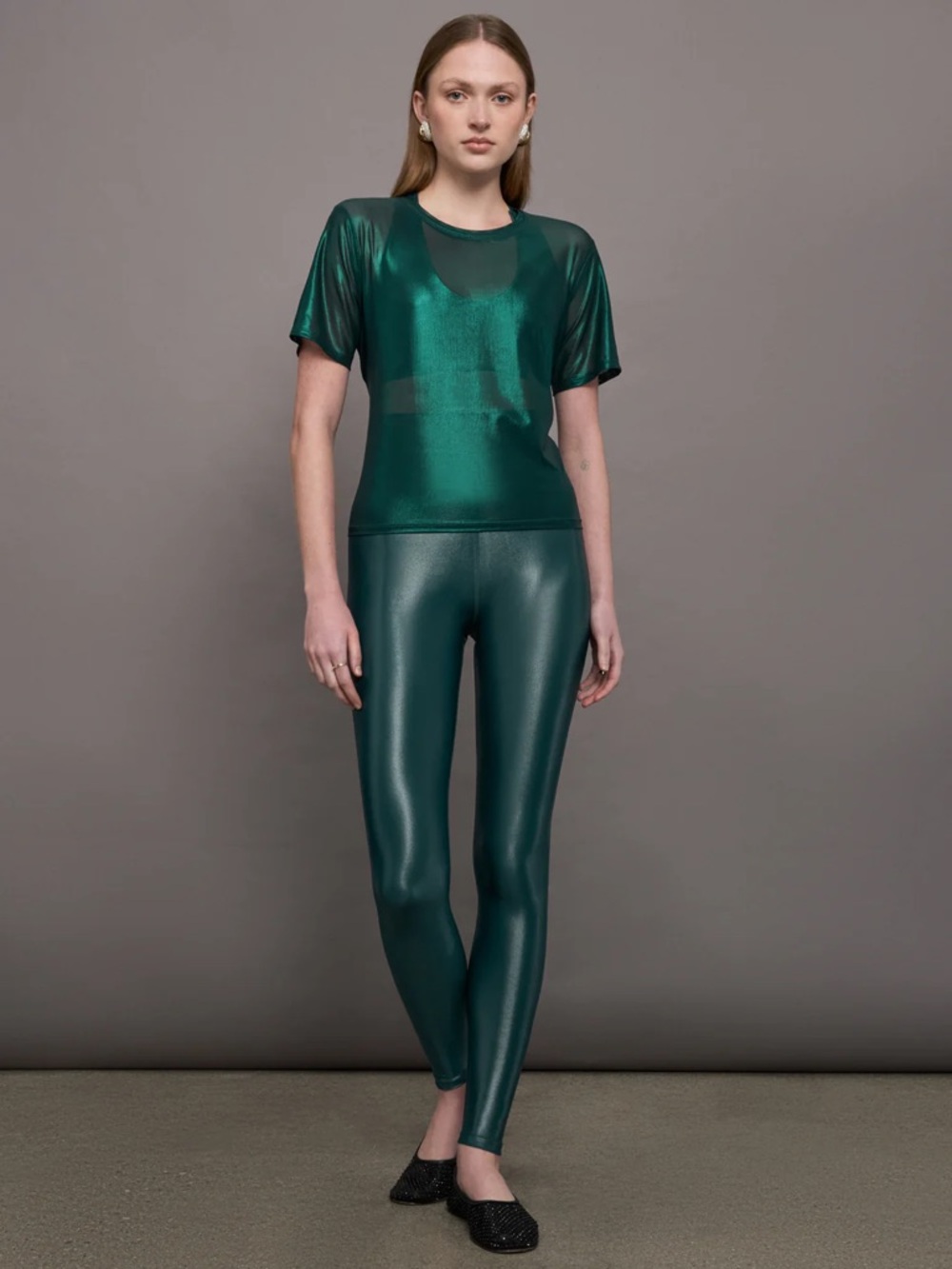 Carbon38 Metallic Sheer Emerald Short-Sleeve Top sz M - Picture 2 of 4